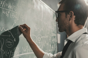 Young smart mathematician drawing on the chalkboard - obrazy, fototapety, plakaty
