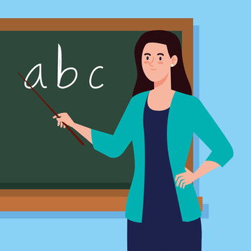 woman teacher and chalkboard in classroom vector illustration design