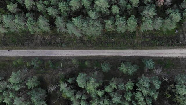 Leisure And Sport Activity Concept. Aerial Drone View Of Cyclist Going On Straight Road In The Mountain Woods. Aerial - Top Down View Of Road Biker Cycling On The Road Through The Forest, Long Shot