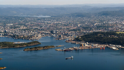 Aerial view oveer the bay area of Oslo, the capital of Norway