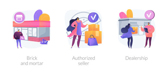 Retail business abstract concept vector illustration set. Brick and mortar, authorized seller, dealership, local rental shop, official retailer, brand representative, partnership abstract metaphor.