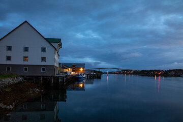 Blue hour at the harbor in a town in northern Norway