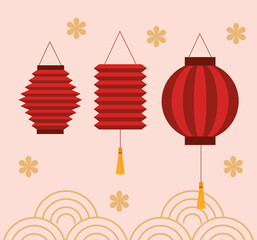 chinese mid autumn festival with lanterns hanging and flowers decoration vector illustration design