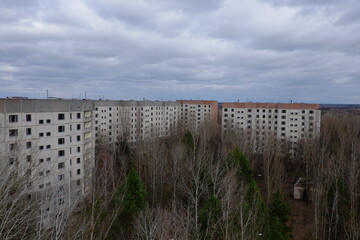 Cloudy sky over abandoned residential buildings in Pripyat.
