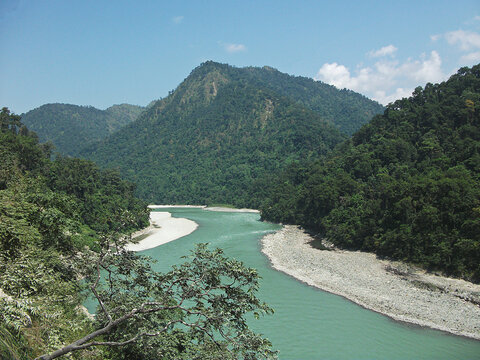  Natural view of the river in the mountains on a roadside near Siliguri, West Bengal, India. 