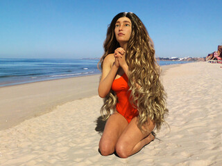 3D Illustration of a Long-Haired Girl Praying on the Beach