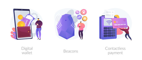 Payment technology abstract concept vector illustration set. Digital wallet, beacons, contactless payment, digital banking tool, money transfer, personalized marketing, paypass abstract metaphor.