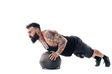 one caucasian man exercising fitness weights Medicine Ball push ups exercises in studio isolated on white background.