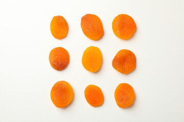 Flat lay with dried apricot on white background