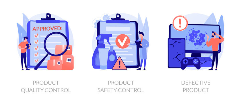 Product manufacturing abstract concept vector illustration set. Product quality and safety control, defective product testing, customer feedback, inspection, warranty certificate abstract metaphor.