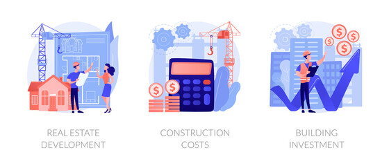 Construction project management abstract concept vector illustration set. Real estate development, construction costs, building investment, buy land, bank loan, financial plan abstract metaphor.