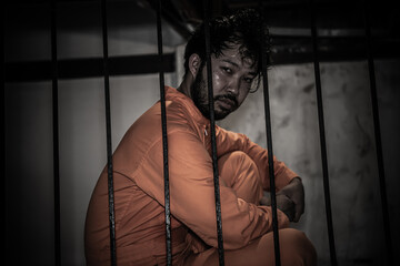 Asian man desperate at the iron prison,prisoner concept,thailand people,Hope to be free,Serious...
