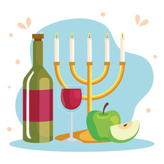 rosh hashanah celebration, jewish new year, with chandelier, wine and apples vector illustration design