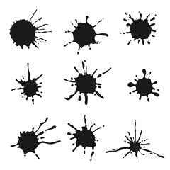 Set of vector black ink splash or drop. Blots and splatters on white background.