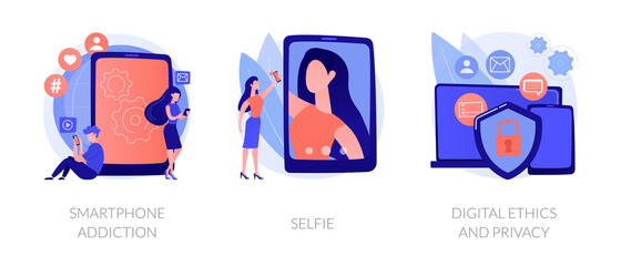 Fototapeta premium Cyfrowe zachowanie abstrakcyjna koncepcja wektor zestaw ilustracji. Uzależnienie od smartfonów, selfie, etyka cyfrowa i prywatność, bezpieczna ochrona danych w Internecie, aktywność w sieciach społecznościowych, abstrakcyjna metafora niepokoju.