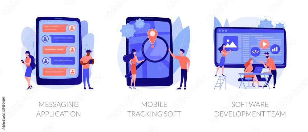 Poster smartphone application abstract concept vector illustration set. messaging application, mobile track