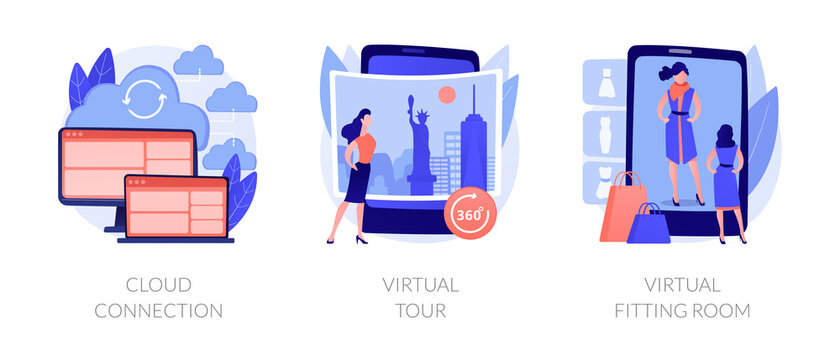 Online data transfer and virtual experience abstract concept vector illustration set. Cloud connection, virtual tour, virtual fitting room, internet connection, web 3d tour abstract metaphor.