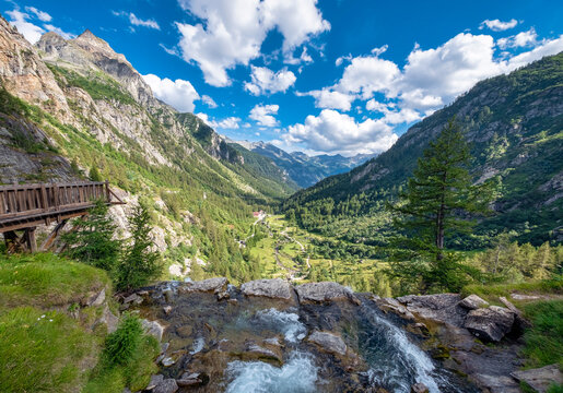 Panorama of the Formazza Valley, where the Toce river forms a waterfall in La Frua (Northern Italy, Piedmont, on the border with Switzerland).