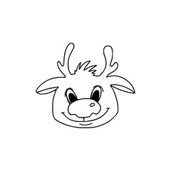 Muzzle of a cute Christmas reindeer. Big nose, small horns. Festive winter concept. Doodle style. Vector illustration on isolated background. For printing on fabric, postcards, web.
