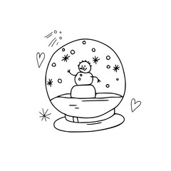 Christmas glass ball with a snowman and snowflakes inside. Interior decoration. Festive winter concept. Doodle style. Vector illustration on isolated background. For printing on fabric, postcards.
