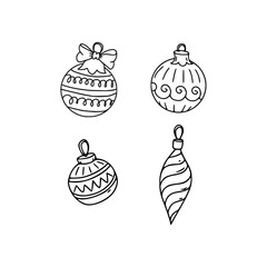 A set of four Christmas decorations for the tree. Various shapes. Festive winter concept. Doodle style. Vector illustration on isolated background. For printing on fabric, postcards, web.