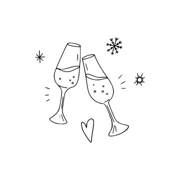 Two glasses of champagne are knocking. Festive winter concept. Doodle style. Vector illustration on isolated background. For printing on fabric, postcards, web.