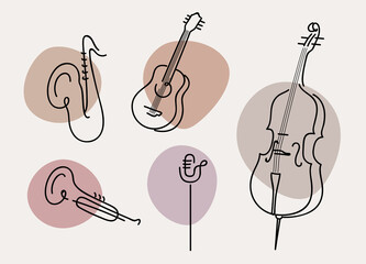 A set of hand drawn musical instruments. Piano, saxophone, trumpet, guitar, mic cello. For posters, flyers, banners. Vector. - 376505665
