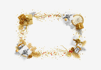 Christmas frame with Xmas decorative realistic objects. Festive new year background. Border is empty for text. view from above. Greeting card, composition with gift box decor. vector illustration