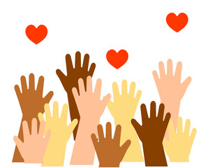 The hands of various people are raised up. Symbol. Vector illustration.