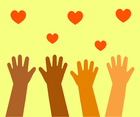 Obraz premium The hands of various people are raised up. Symbol. Vector illustration.