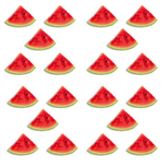 Creative flat top view of fresh watermelon slices on a white background. Banner.