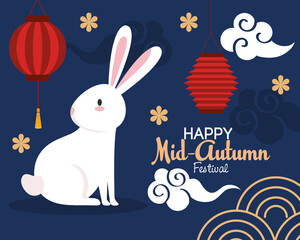 chinese mid autumn festival with rabbit, lanterns hanging, clouds and flowers vector illustration design
