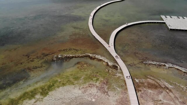 Drone aerial view on isolated Monastery of Saint Mary on Zvernec island. Narta Lagoon, Vlore, Albania