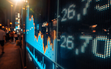 Financial stock exchange market display screen board on the street, selective focus