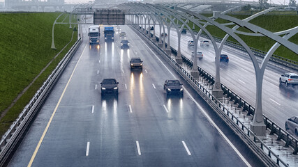 Large busy highway under rain