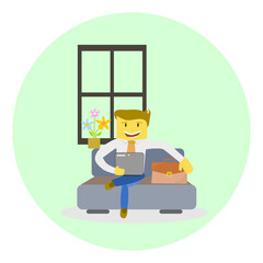 
Man is sitting with laptop on the sofa at home. Businessman working on a computer. 
Stay and work at home concept.