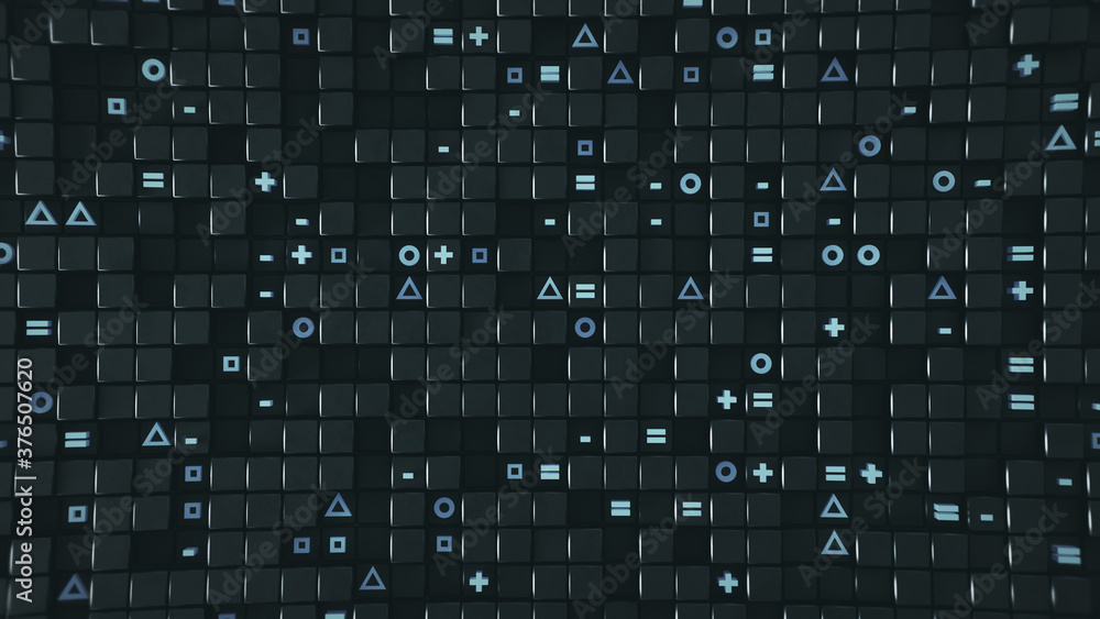 Poster wall of cubes and random symbols abstract 3d render