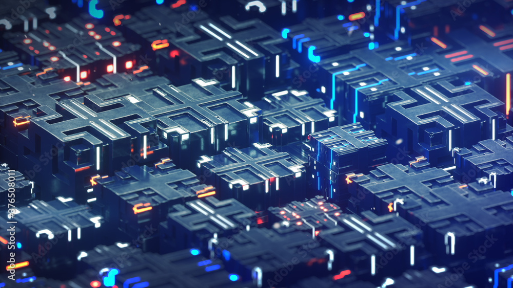 Poster futuristic techno structure of metalic cubes 3d rendering