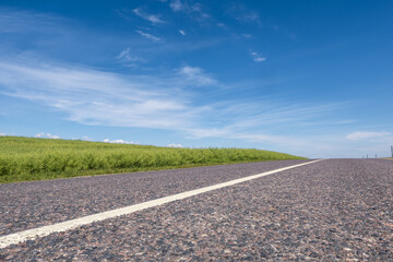 Asphalt highway empty road and clear blue sky with panoramic landscape
