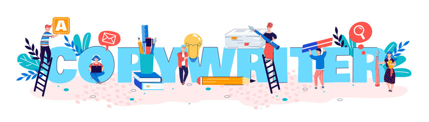 Concept copywriter. Creating quality content, writing and editing texts, creativity searching for ideas and promotion. Freelancer business. Vector flat illustration with cartoon people