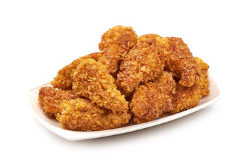Fried chicken strips in breadcrumbs, isolated on white background
