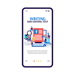 Mobile app interface on phone screen for copywriter or blogger. Creating quality content, writing and editing texts for media and Internet and searching for ideas. Vector illustration.