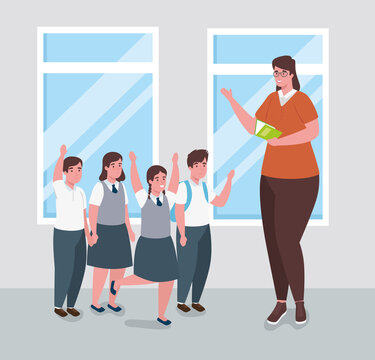woman teacher with group students in classroom vector illustration design