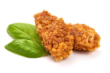 Fried chicken strips in breadcrumbs, isolated on white background