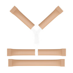 Realistic brown paper sachet bag. Torn package mockup with falling sugar. Isolated vector design.