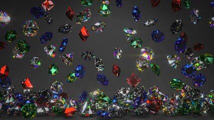 Falling gemstones. 3D render animation