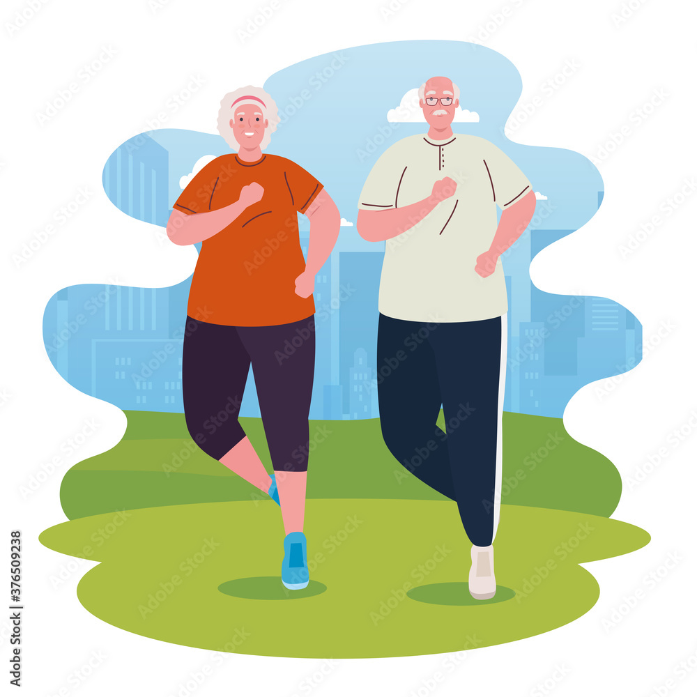 Canvas Prints cute old couple running outdoor, sport and exercise concept vector illustration design