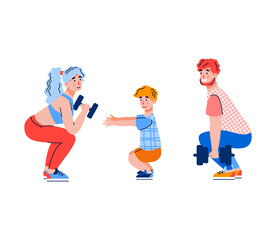 Family of parents and child doing squats with weights together, flat cartoon vector illustration isolated on white background. Family morning sport workout.