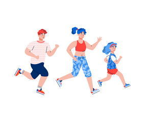 Mother, father and daughter running together for sports, cartoon flat vector illustration isolated on white background. Athletic, healthy and friendly family.
