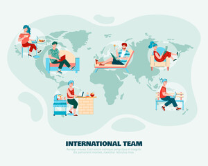 Internatioanal team remote working using video conference and social media. Freelance employees, flat cartoon vector illustration isolated white background
